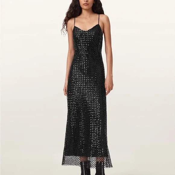 All Saints Black Sequin Midi Dress
ALLSAINTS CHANTELLE SEQUIN MIDI SLIP DRESS - Picture 3 of 12